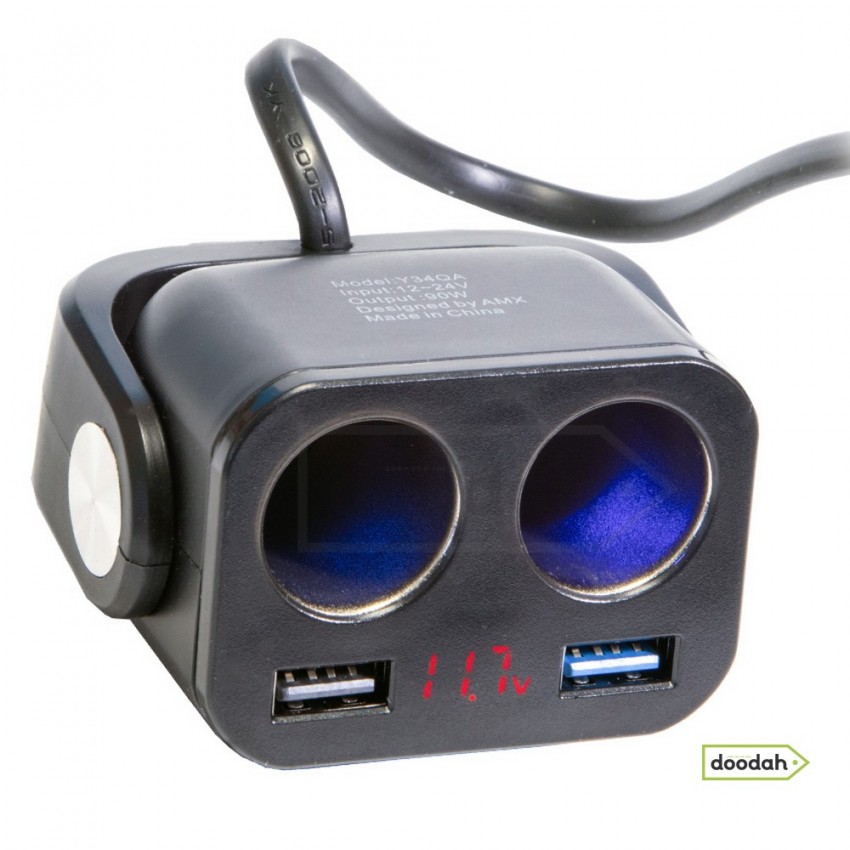 Зарядний пристрій із прикурювачами - Ozio Y34QA. 12-24V, 90W, 2 USB, QC3.0, 70см. Гарантія 6 міс.
